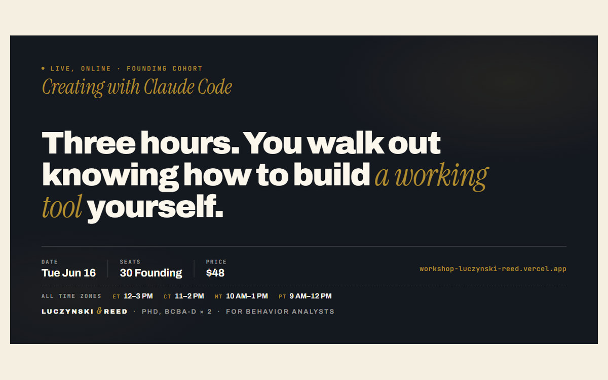 Creating with Claude Code workshop graphic for behavior analysts.