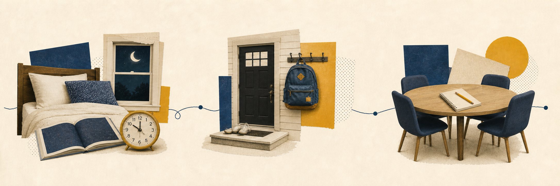 Editorial collage connecting pediatric sleep, an everyday home entryway, and a professional consultation table.
