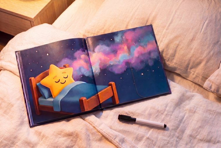 The Sleepy Star book open to a full night-sky scene with the star sleeping in bed; the routine flap is closed and blends into the picture.