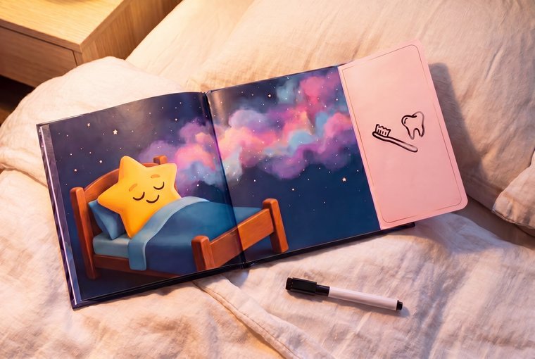 The same spread with the pink flap folded out, revealing the bedtime step drawn inside: a tooth and toothbrush.