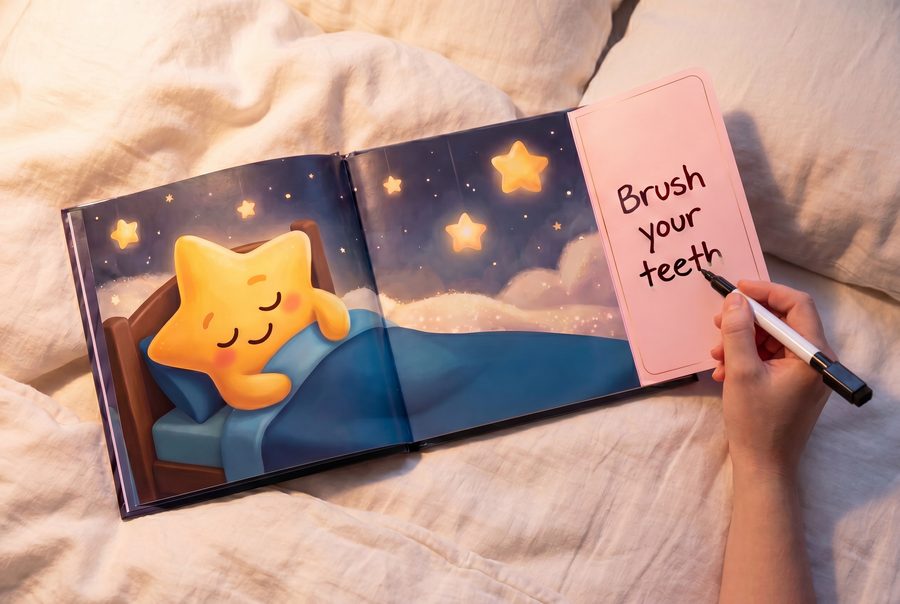 A parent's hand writing the bedtime step in marker on the dry-erase flap: the words 'Brush your teeth' beside the sleeping star.